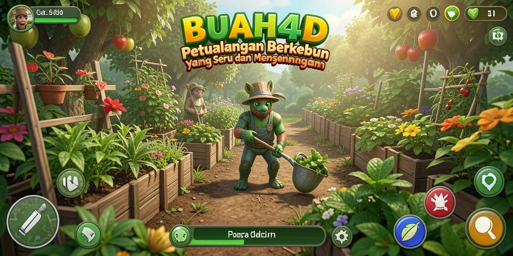 Tampilan menarik dari gameplay BUAH4D yang menggambarkan proses berkebun.