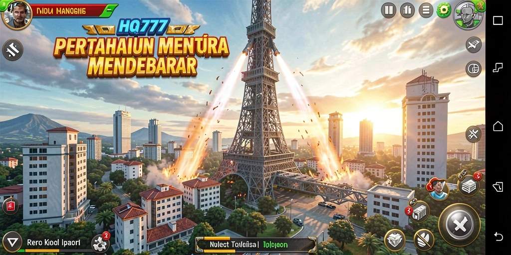 Tampilan gameplay seru dari HQ777 dengan menara yang strategis.