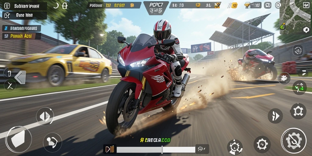 Gameplay PCPC7 menunjukkan aksi balapan motor yang mendebarkan.