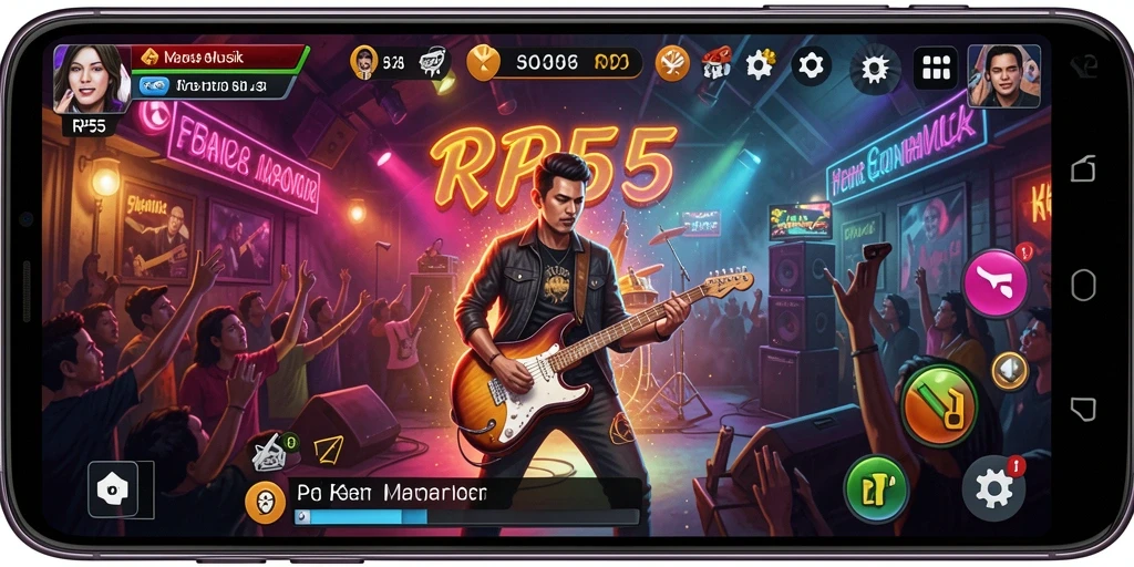 Screenshot gameplay RP55 menampilkan fitur karaoke dan daftar lagu.