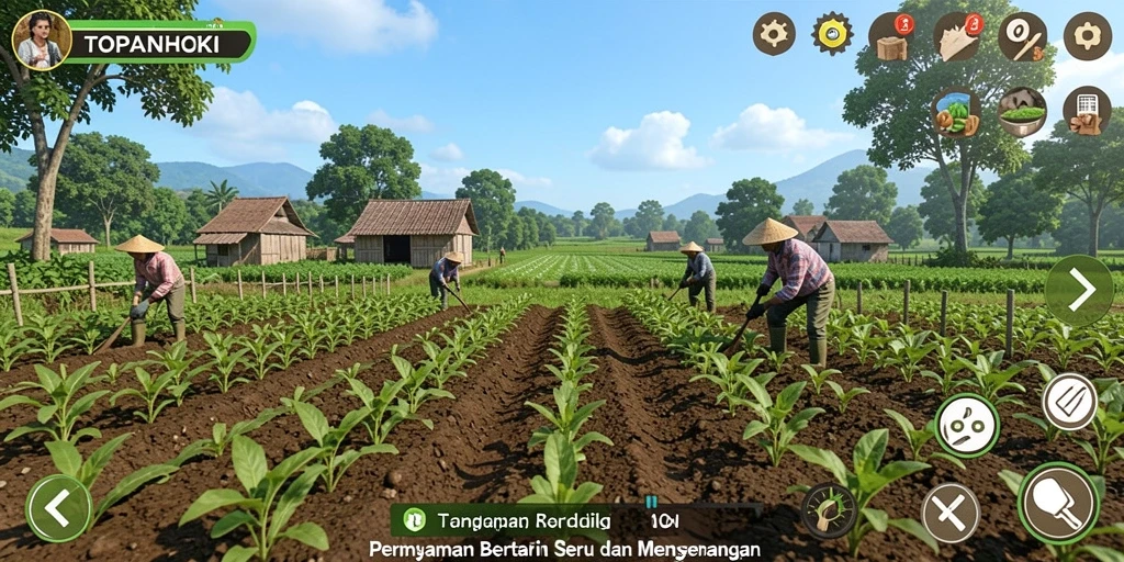 Screenshot gameplay TOPANHOKI yang menampilkan suasana bertani yang cerah.